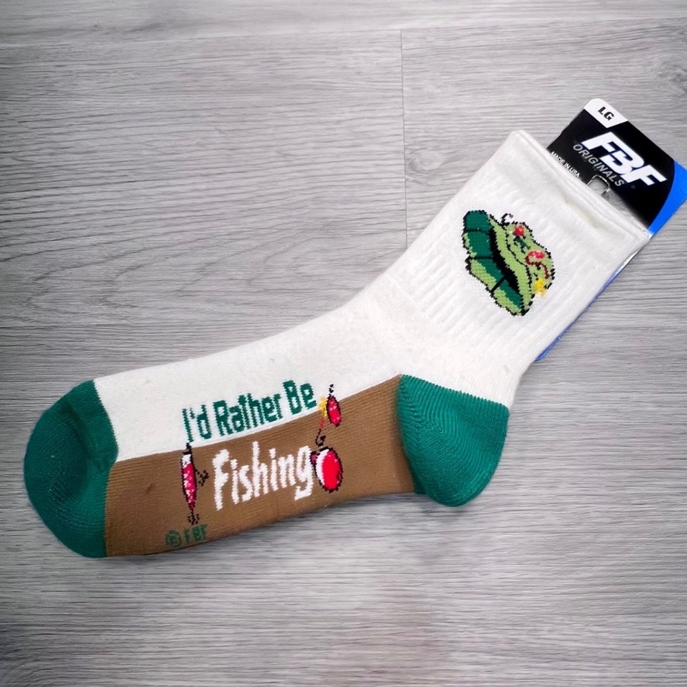 FBF Originals Mens Large Id Rather Be Fishing Crew Socks White Green Made in USA